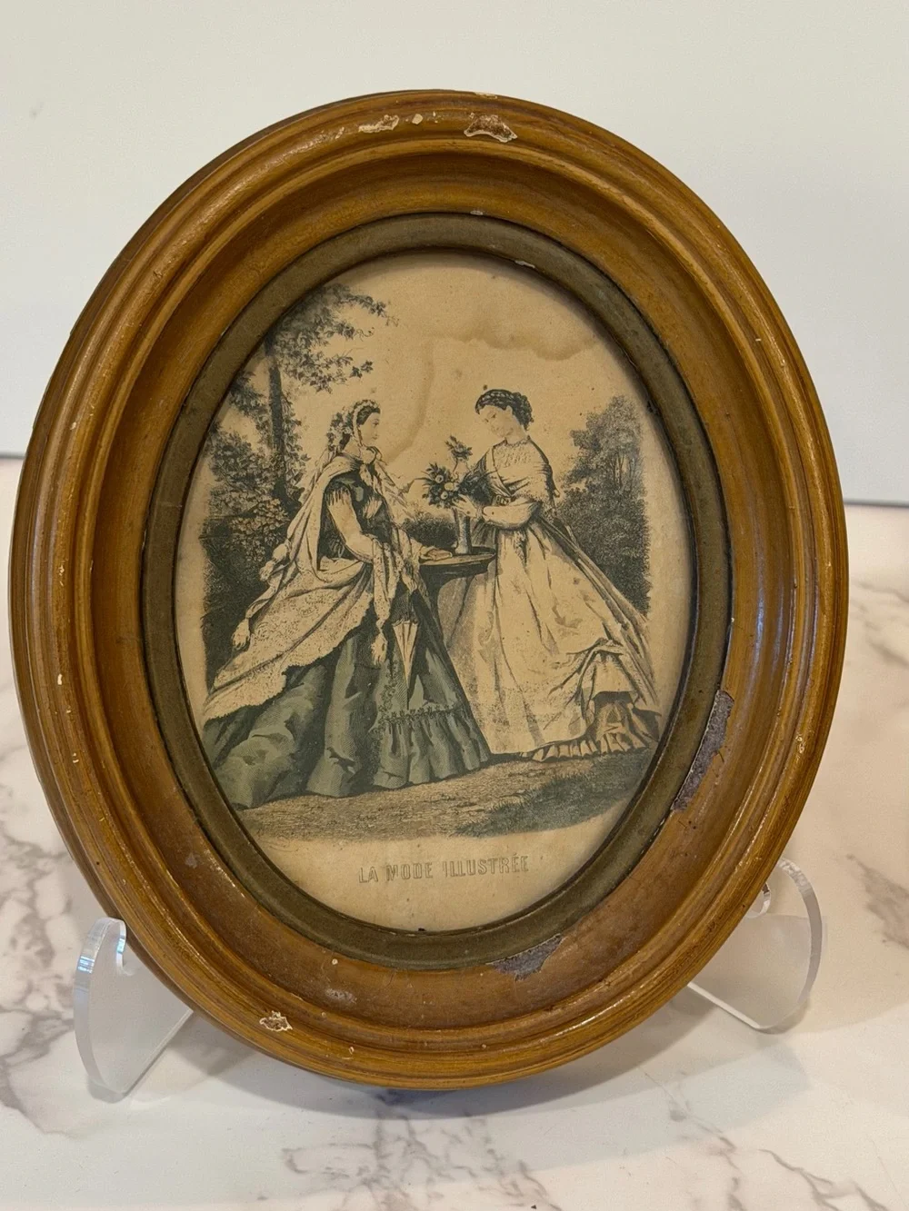 Antique French Fashion Prints in Oval Wood Frames La Mode Illustrée 6” Set of 2